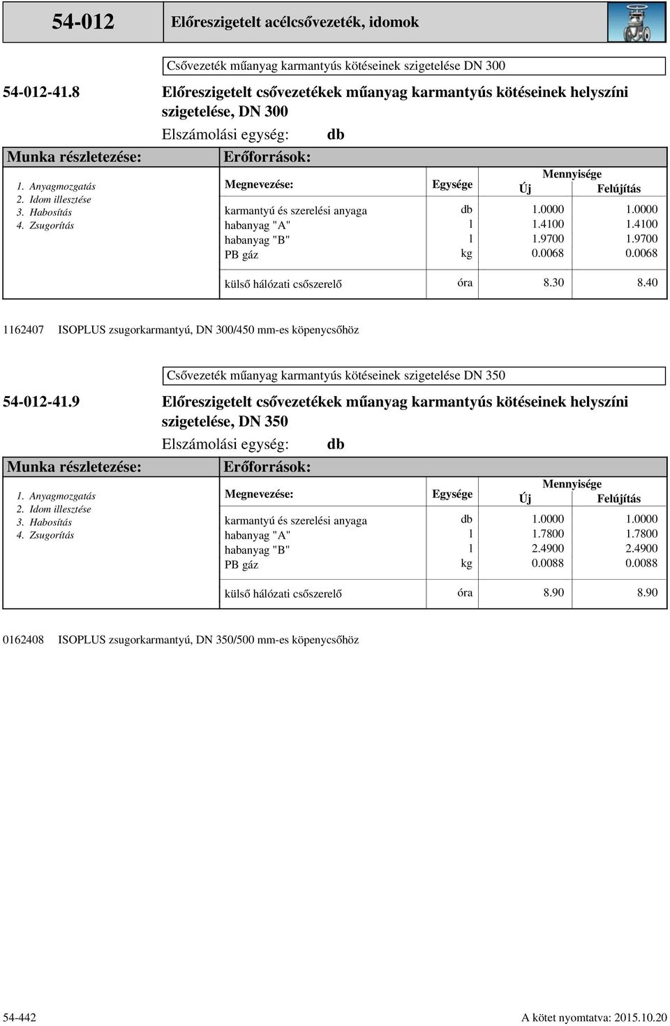 40 ISOPLUS zsugorkarmantyú, DN 300/450 mm-es köpenycsőhöz Csővezeték műanyag karmantyús kötéseinek szigeteése DN 350-49 Munka részetezése: Idom iesztése 0162408 54-442 Eőreszigetet csővezetékek