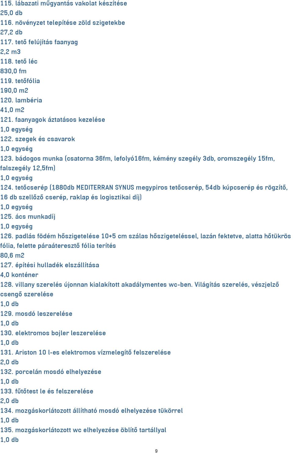 tetőcserép (1880db MEDITERRAN SYNUS megypiros tetőcserép, 54db kúpcserép és rögzítő, 16 db szellőző cserép, raklap és logisztikai díj) 125. ács munkadíj 126.