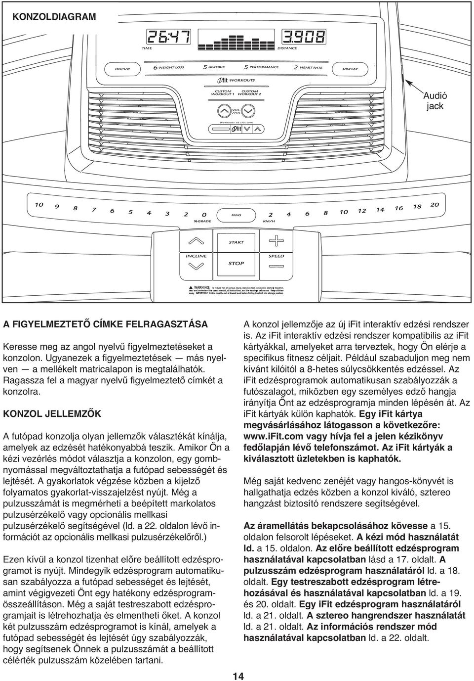 KONZOL JELLEMZŐK A futópad konzolja olyan jellemzők választékát kínálja, amelyek az edzését hatékonyabbá teszik.