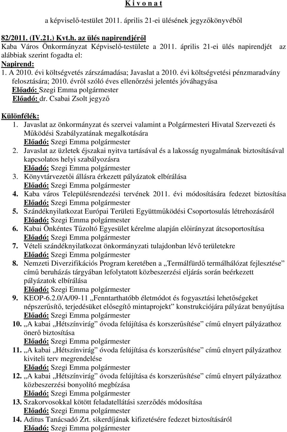 évről szóló éves ellenőrzési jelentés jóváhagyása Előadó: dr. Csabai Zsolt jegyző Különfélék: 1.