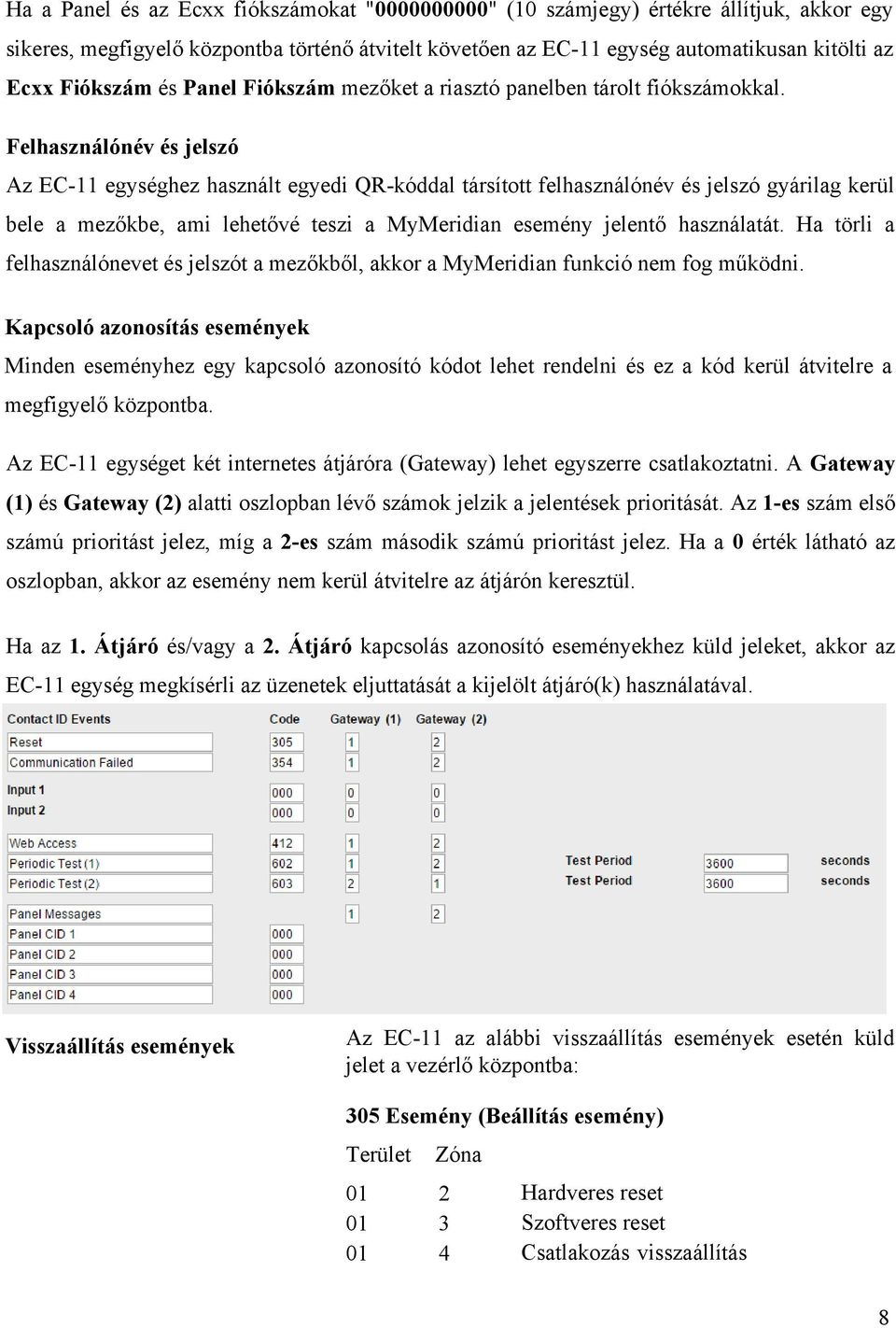 Felhasználónév és jelszó Az EC-11 egységhez használt egyedi QR-kóddal társított felhasználónév és jelszó gyárilag kerül bele a mezőkbe, ami lehetővé teszi a MyMeridian esemény jelentő használatát.