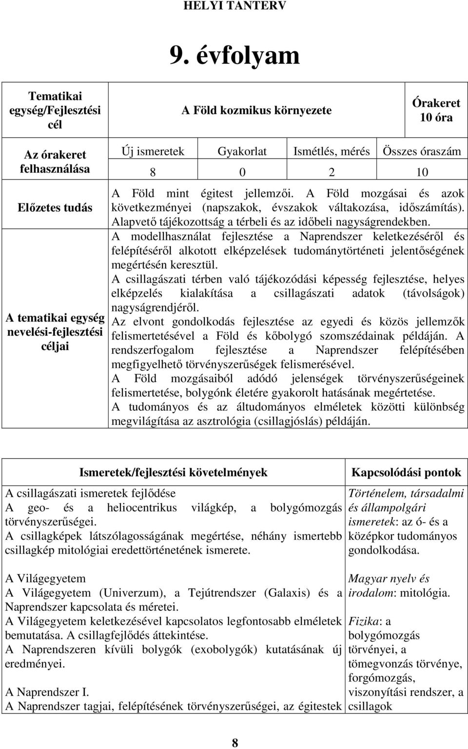 céljai A Föld mint égitest jellemzői. A Föld mozgásai és azok következményei (napszakok, évszakok váltakozása, időszámítás). Alapvető tájékozottság a térbeli és az időbeli nagyságrendekben.