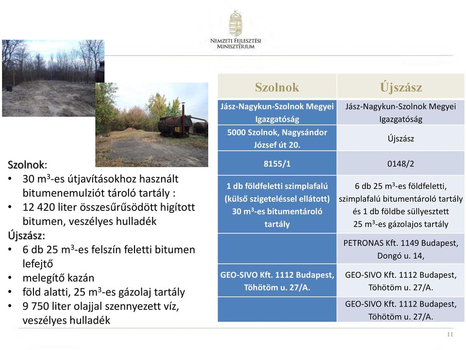 -es felszín feletti bitumen lefejtő melegítő kazán föld alatti, 25 m 3 -es gázolaj 9 750 liter olajjal szennyezett víz, veszélyes hulladék 8155/1 0148/2 1 db földfeletti szimplafalú (külső