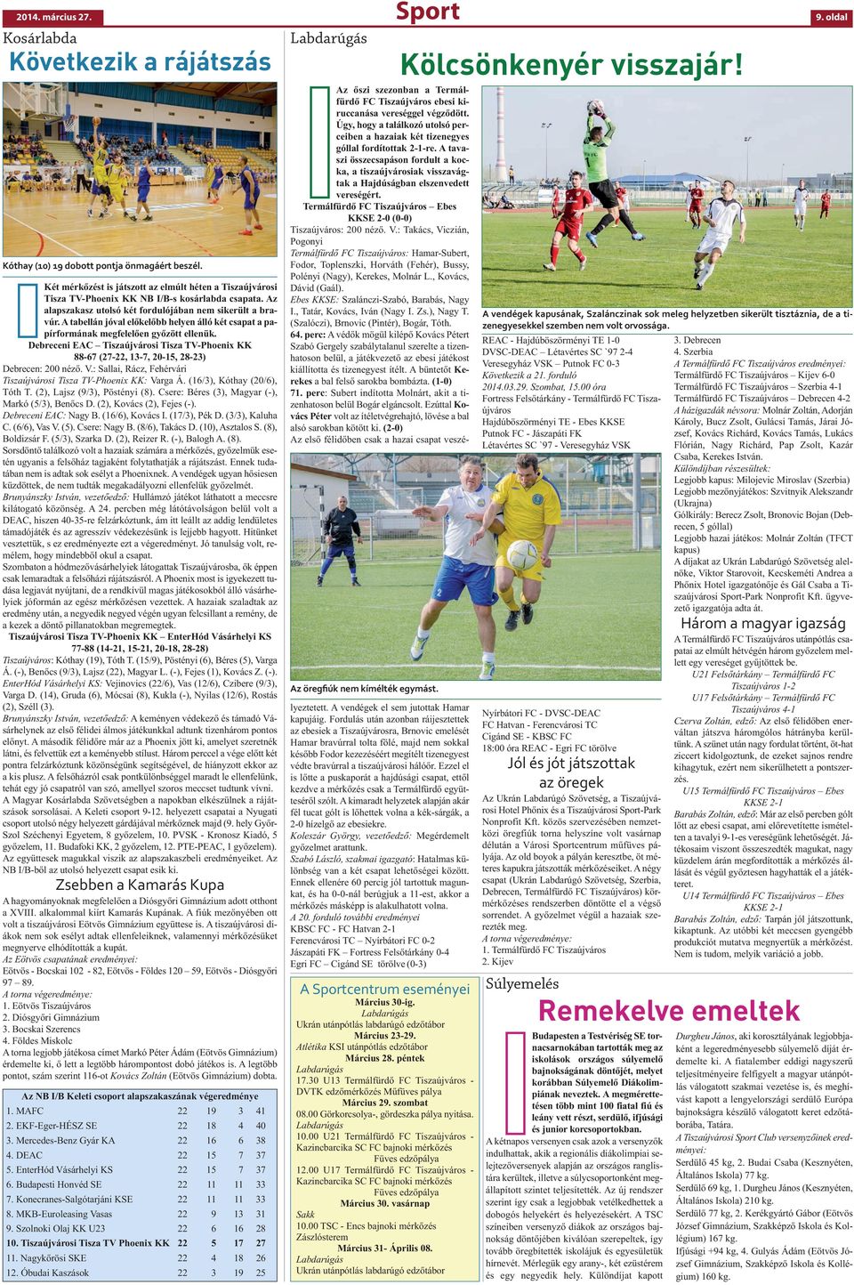 A tabellán jóval előkelőbb helyen álló két csapat a papírformának megfelelően győzött ellenük. Debreceni EAC Tiszaújvárosi Tisza TV-Phoenix KK 88-67 (27-22, 13-7, 20-15, 28-23) Debrecen: 200 néző. V.