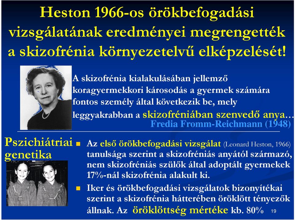 skizofréniában szenvedő anya Fredia Fromm-Reichmann (1948) Az első örökbefogadási vizsgálat (Leonard Heston, 1966) tanulsága szerint a skizofréniás anyától