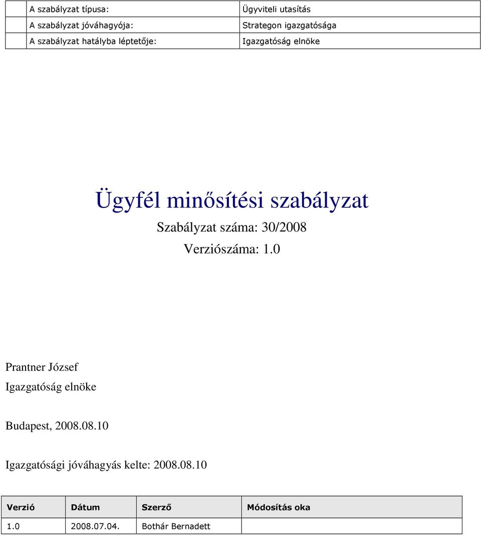 száma: 30/2008 Verziószáma: 1.0 Prantner József Igazgatóság elnöke Budapest, 2008.08.10 Igazgatósági jóváhagyás kelte: 2008.