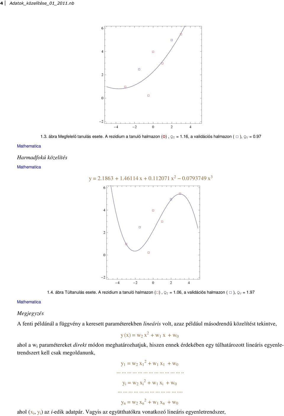 97 Megjegyzés A feti példáál a függvéy a keresett paraméterekbe lieáris volt, azaz például másodredű közelítést tekitve, y HxL = w x + w 1 x + w ahol a w i paramétereket direkt módo meghatározhatjuk,