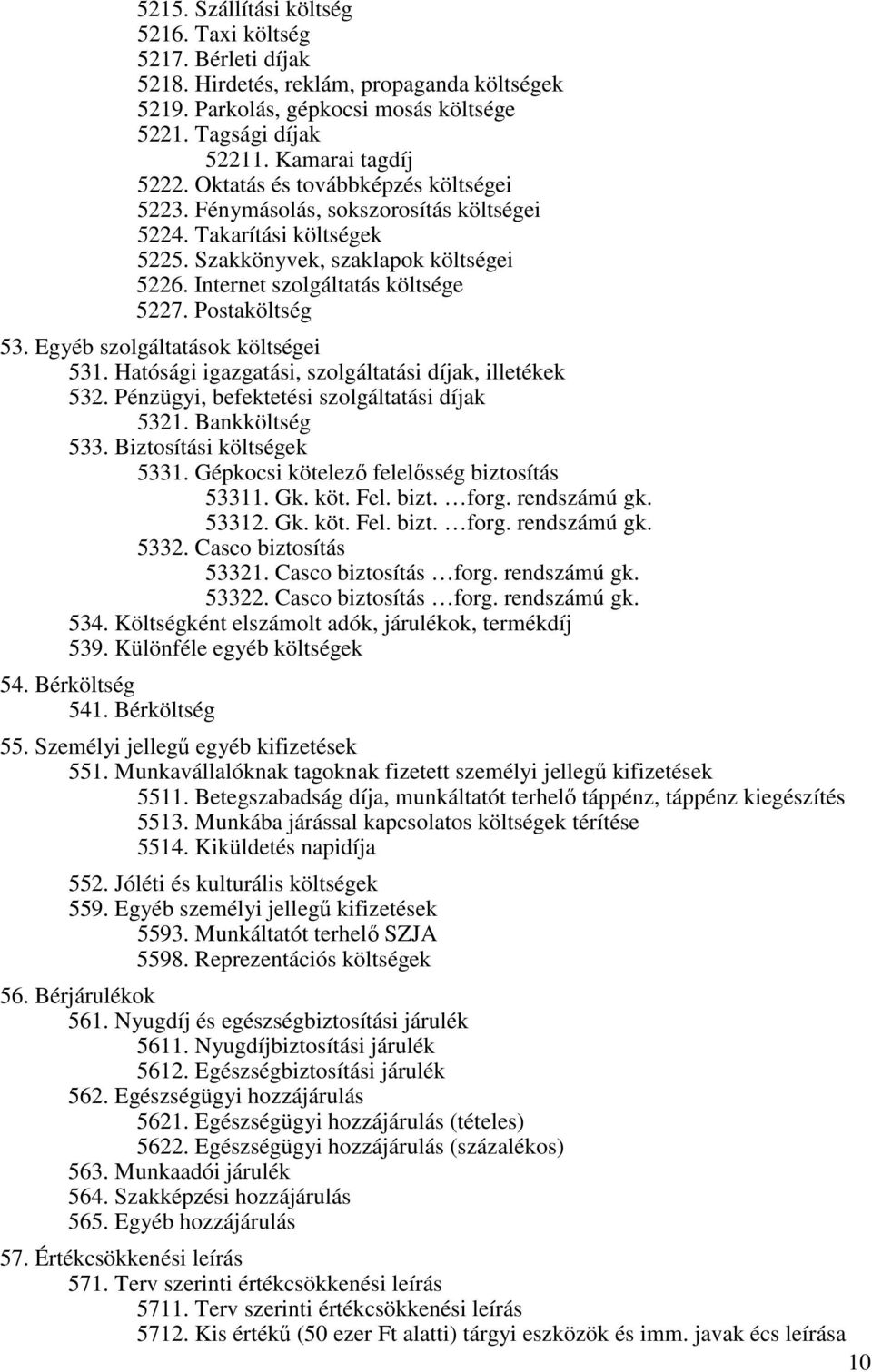 Postaköltség 53. Egyéb szolgáltatások költségei 531. Hatósági igazgatási, szolgáltatási díjak, illetékek 532. Pénzügyi, befektetési szolgáltatási díjak 5321. Bankköltség 533.