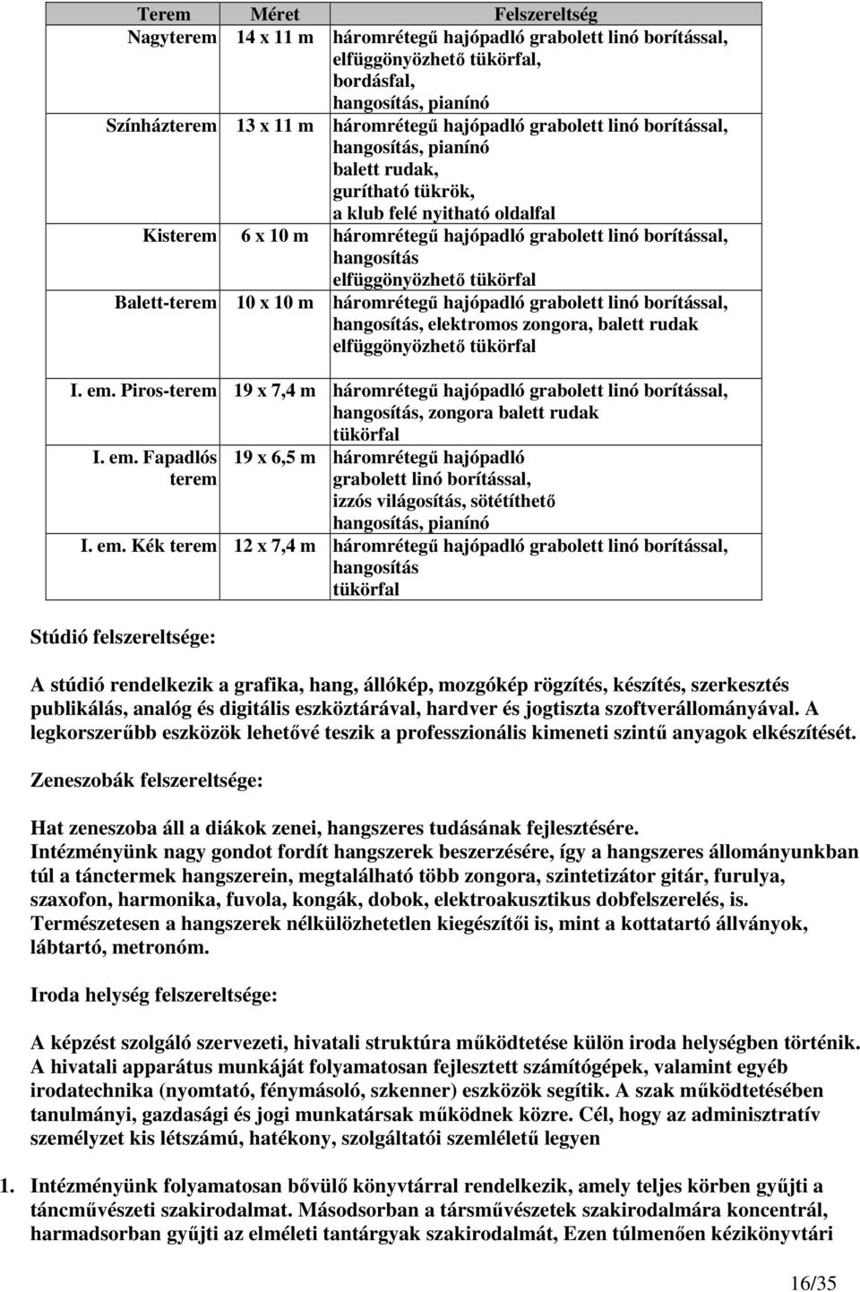 elfüggönyözhetı tükörfal Balett-terem 10 x 10 m háromrétegő hajópadló grabolett linó borítással, hangosítás, elektromos zongora, balett rudak elfüggönyözhetı tükörfal I. em.