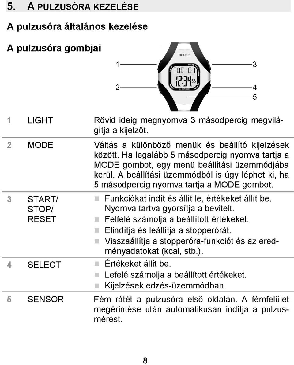 A beállítási üzemmódból is úgy léphet ki, ha 5 másodpercig nyomva tartja a MODE gombot. 3 START/ STOP/ RESET Funkciókat indít és állít le, értékeket állít be. Nyomva tartva gyorsítja a bevitelt.