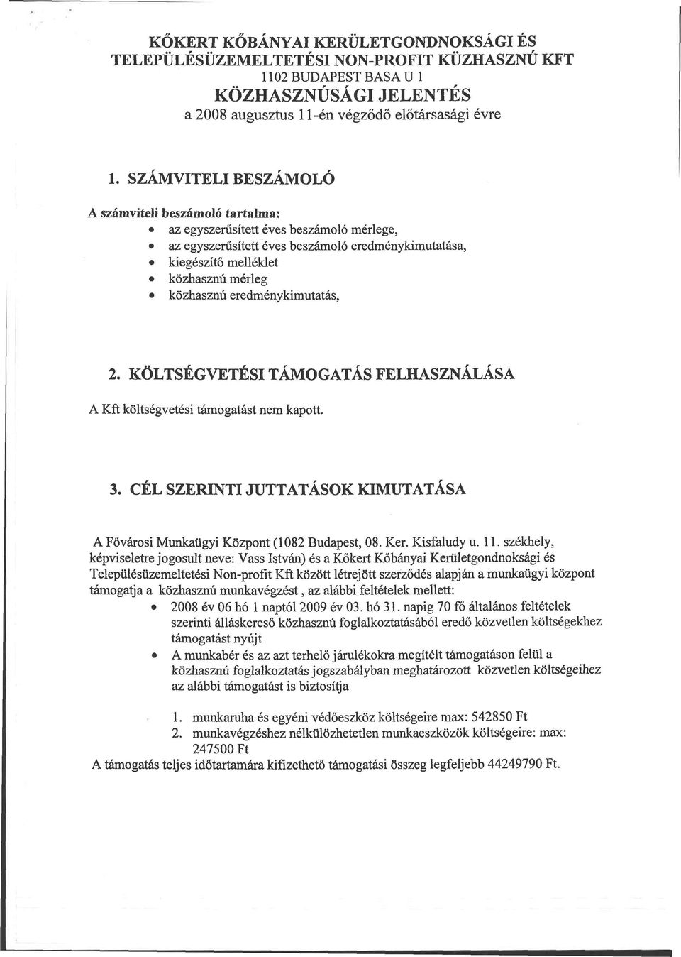 eredménykimutatás, 2. KÖLTSÉGVETÉSI TÁMOGATÁS FELHASZNÁLÁSA w r A Kft költségvetési támogatást nem kapott. 3. CEL SZERINTI JUTTATÁSOK KIMUTATÁSA A Fővárosi Munkaügyi Központ (1082 Budapest, 08. Ker.