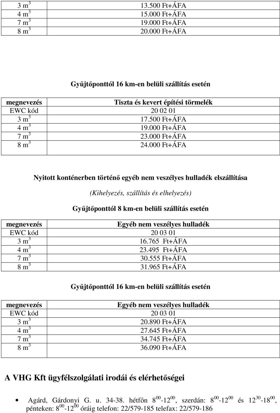 495 Ft+ÁFA 7 m 3 30.555 Ft+ÁFA 8 m 3 31.965 Ft+ÁFA Egyéb nem veszélyes hulladék EWC kód 20 03 01 3 m 3 20.890 Ft+ÁFA 4 m 3 27.645 Ft+ÁFA 7 m 3 34.745 Ft+ÁFA 8 m 3 36.