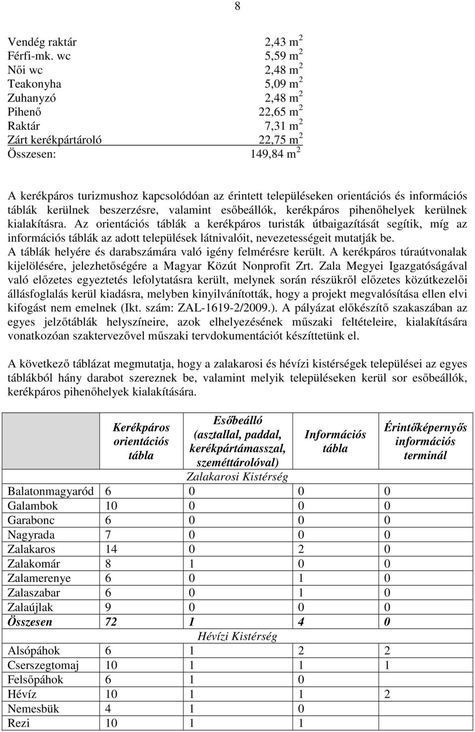 településeken orientációs és információs táblák kerülnek beszerzésre, valamint esőbeállók, kerékpáros pihenőhelyek kerülnek kialakításra.