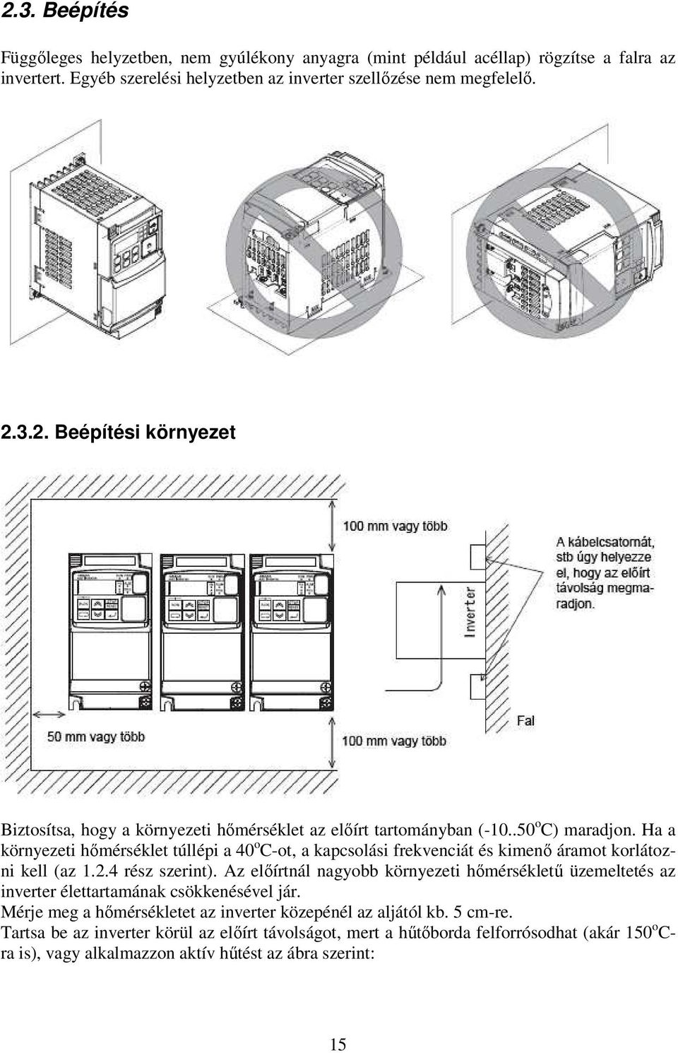 Az elıírtnál nagyobb környezeti hımérséklető üzemeltetés az inverter élettartamának csökkenésével jár. Mérje meg a hımérsékletet az inverter közepénél az aljától kb. 5 cm-re.