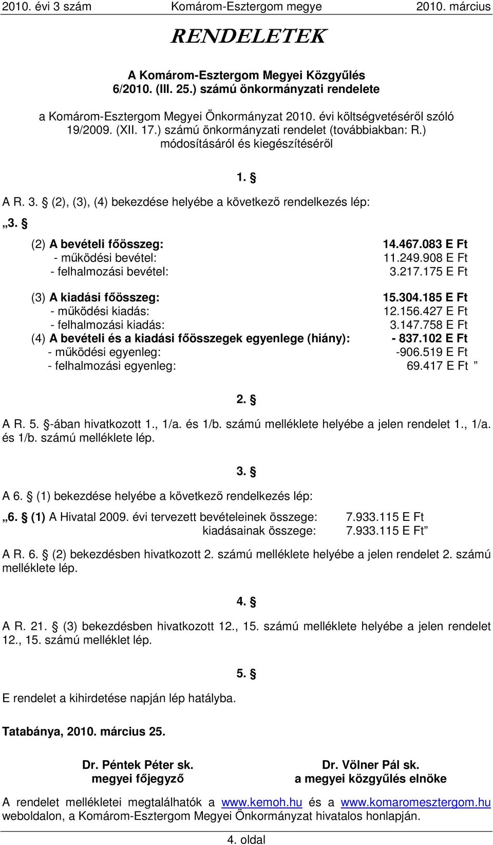 083 E Ft - mőködési bevétel: 11.249.908 E Ft - felhalmozási bevétel: 3.217.175 E Ft (3) A kiadási fıösszeg: 15.304.185 E Ft - mőködési kiadás: 12.156.427 E Ft - felhalmozási kiadás: 3.147.