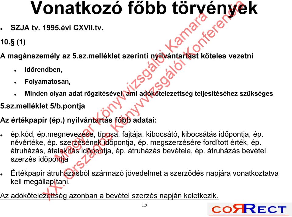 pontja Az értékpapír (ép.) nyilvántartás főbb adatai: ép.kód, ép.megnevezése, típusa, fajtája, kibocsátó, kibocsátás időpontja, ép. névértéke, ép. szerzésének időpontja, ép.