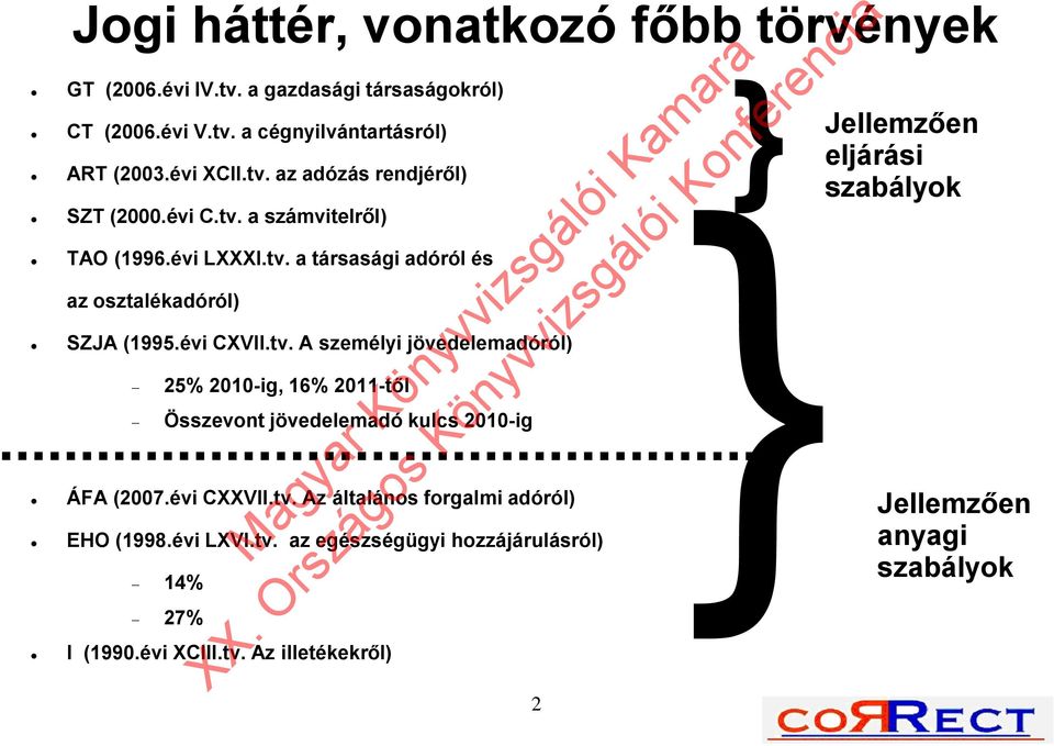 évi CXXVII.tv. Az általános forgalmi adóról) EHO (1998.évi LXVI.tv. az egészségügyi hozzájárulásról) 14% 27% I (1990.évi XCIII.tv. Az illetékekről) 2 } Jellemzően eljárási szabályok Jellemzően anyagi szabályok