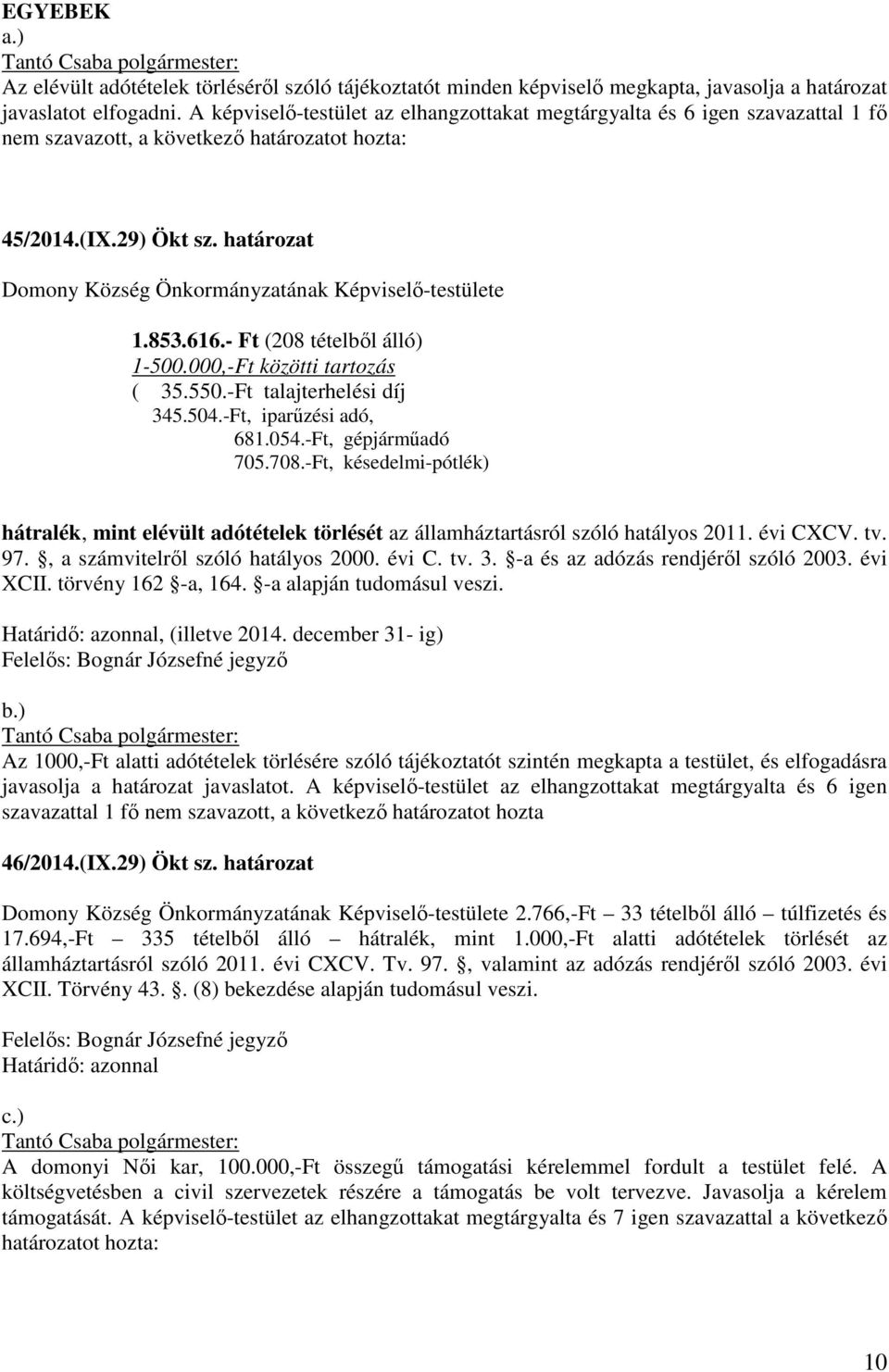 határozat Domony Község Önkormányzatának Képviselő-testülete 1.853.616.- Ft (208 tételből álló) 1-500.000,-Ft közötti tartozás ( 35.550.-Ft talajterhelési díj 345.504.-Ft, iparűzési adó, 681.054.