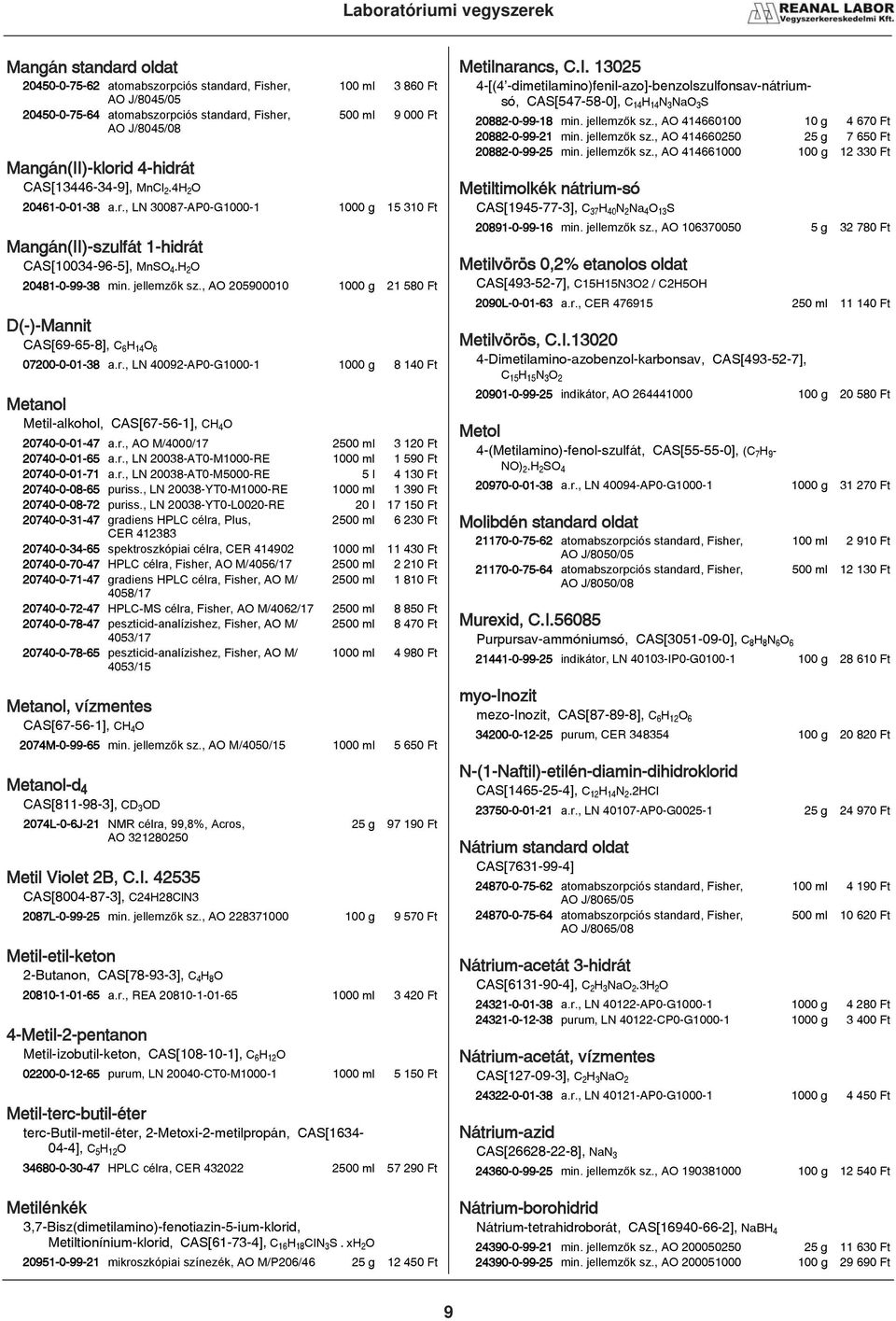 jellemz k sz., AO 205900010 1000 g 21 580 Ft D(-)-Mannit CAS[69-65-8], CتHرئOت 07200-0-01-38 a.r., LN 40092-AP0-G1000-1 1000 g 8 140 Ft Metanol Metil-alkohol, CAS[67-56-1], CHئO 20740-0-01-47 a.r., AO M/4000/17 2500 ml 3 120 Ft 20740-0-01-65 a.