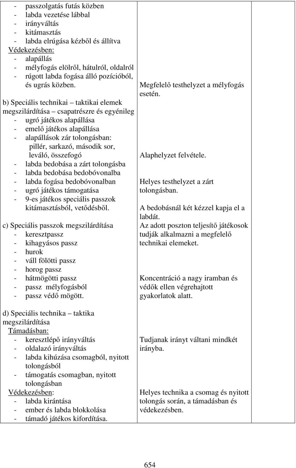 b) Speciális technikai taktikai elemek megszilárdítása csapatrészre és egyénileg - ugró játékos alapállása - emelő játékos alapállása ok zár tolongásban: pillér, sarkazó, második sor, leváló,