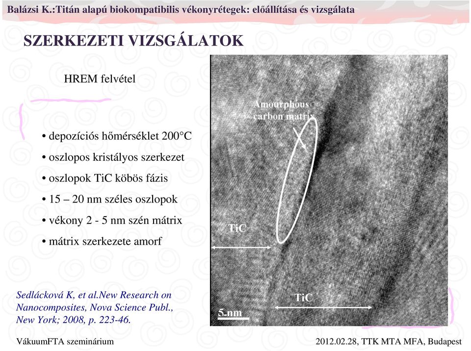 oszlopok vékony 2-5 nm szén mátrix mátrix szerkezete amorf Sedlácková K,