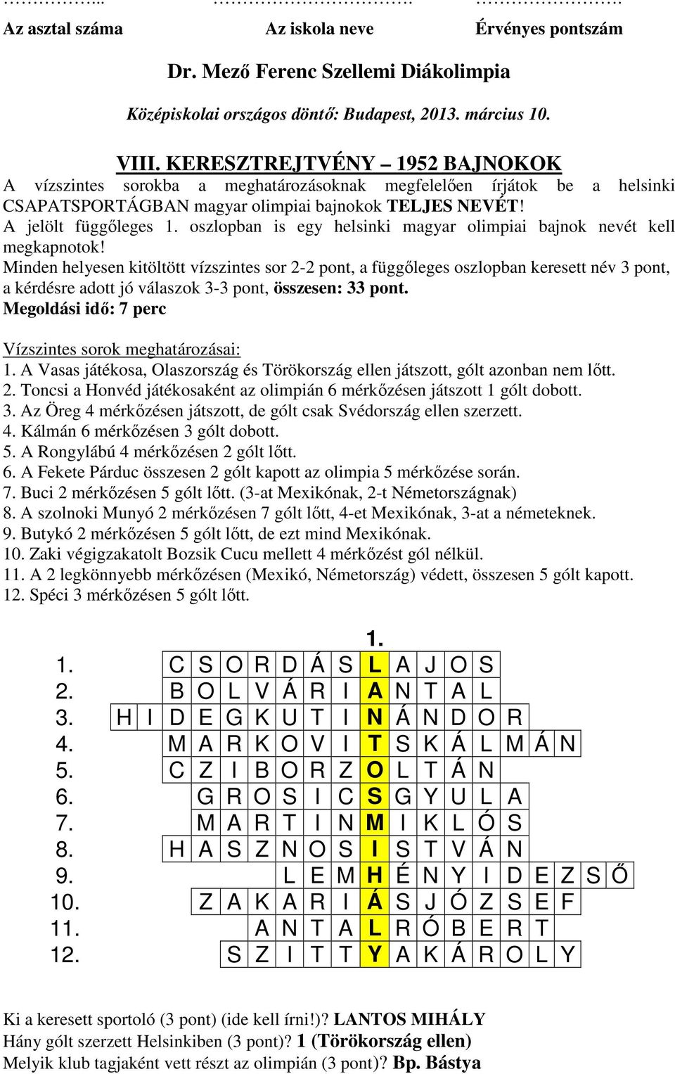 Minden helyesen kitöltött vízszintes sor 2-2 pont, a függőleges oszlopban keresett név 3 pont, a kérdésre adott jó válaszok 3-3 pont, összesen: 33 pont.