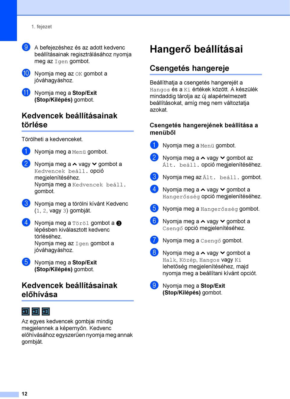 d Nyomja meg a Töröl gombot a c lépésben kiválasztott kedvenc törléséhez. Nyomja meg az Igen gombot a jóváhagyáshoz. e Nyomja meg a Stop/Exit (Stop/Kilépés) gombot.