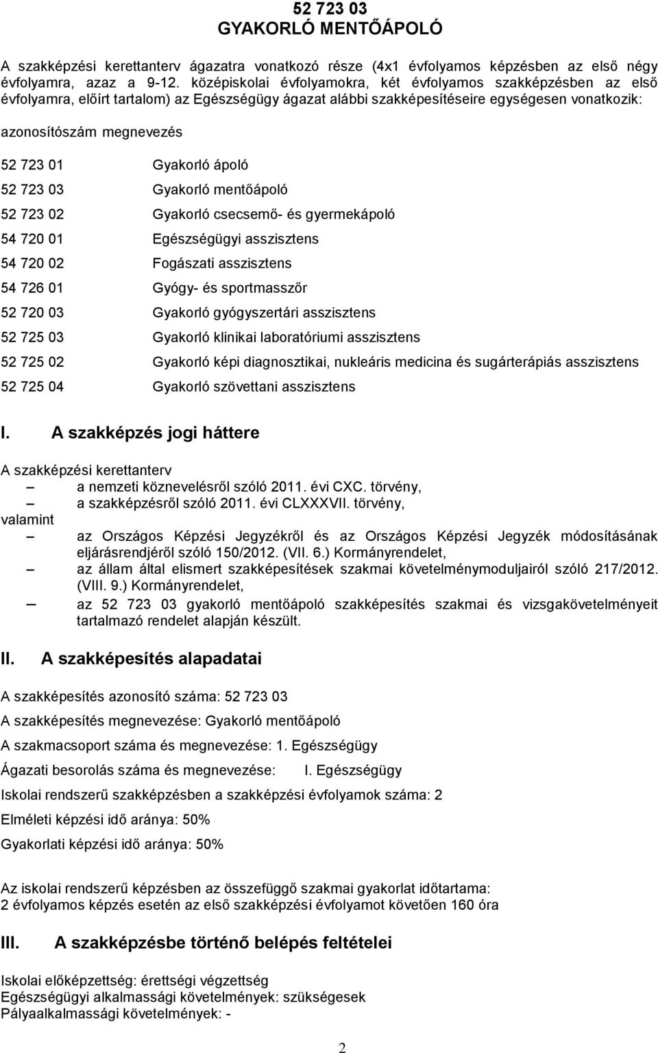 Gyakorló ápoló 52 723 03 Gyakorló mentőápoló 52 723 02 Gyakorló csecsemő- és gyermekápoló 54 720 01 Egészségügyi asszisztens 54 720 02 Fogászati asszisztens 54 726 01 Gyógy- és sportmasszőr 52 720 03