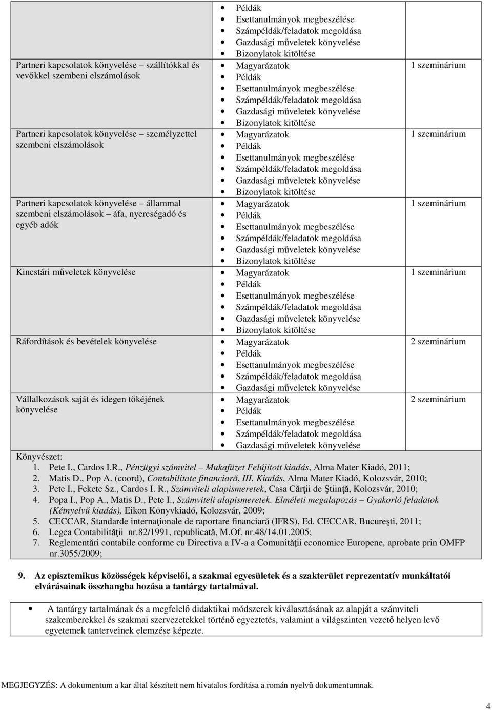 Matis D., Pop A. (coord), Contabilitate financiară, III. Kiadás, Alma Mater Kiadó, Kolozsvár, 2010; 3. Pete I., Fekete Sz., Cardos I. R.