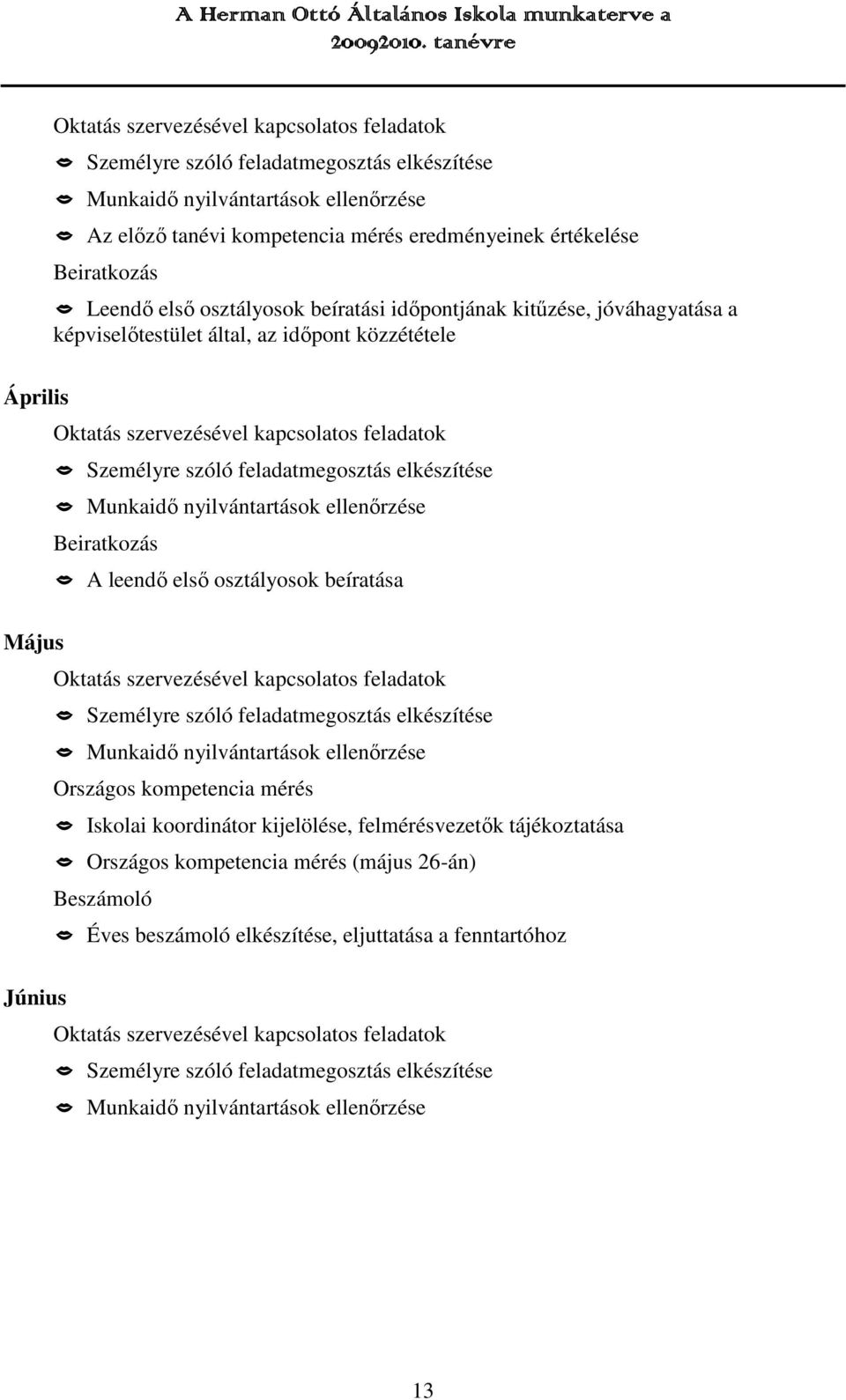 feladatmegosztás elkészítése Munkaidő nyilvántartások ellenőrzése Beiratkozás A leendő első osztályosok beíratása Május Oktatás szervezésével kapcsolatos feladatok Személyre szóló feladatmegosztás