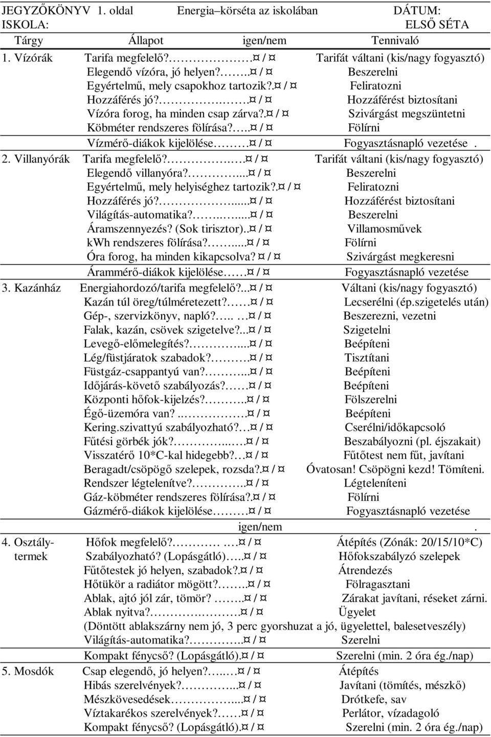 Villanyórák Köbméter rendszeres fölírása?.. / Fölírni Vízmér -diákok kijelölése / Fogyasztásnapló vezetése. Tarifa megfelel?.. / Tarifát váltani (kis/nagy fogyasztó) Elegend villanyóra?