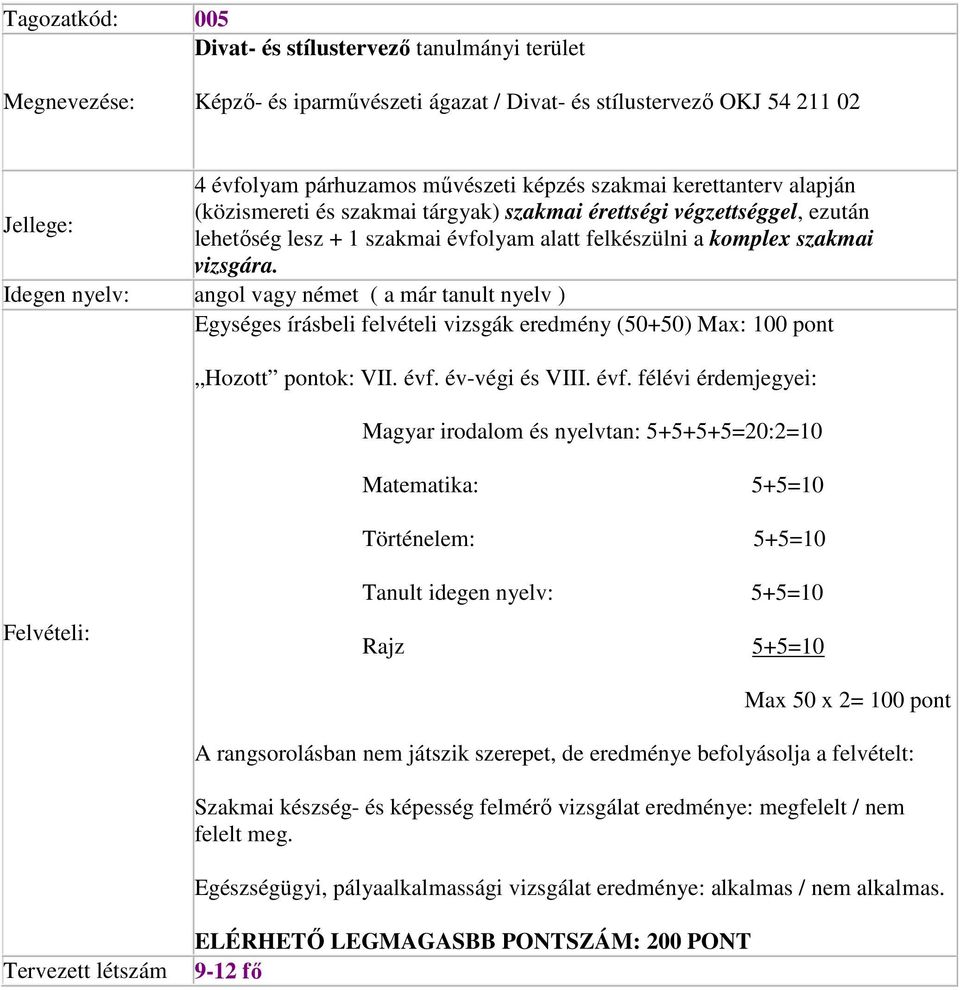 Idegen nyelv: angol vagy német ( a már tanult nyelv ) Egységes írásbeli felvételi vizsgák eredmény (50+50) Max: 100 pont Magyar irodalom és nyelvtan: 5+5+5+5=20:2=10 Rajz 5+5=10 Max 50 x 2= 100 pont