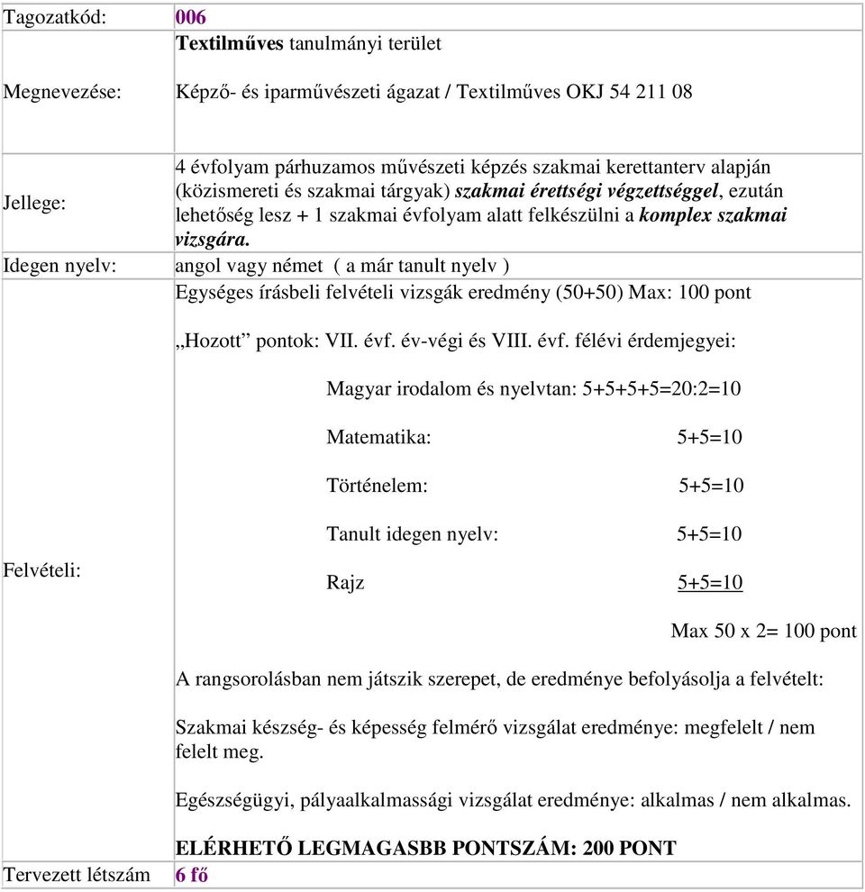 Idegen nyelv: angol vagy német ( a már tanult nyelv ) Egységes írásbeli felvételi vizsgák eredmény (50+50) Max: 100 pont Magyar irodalom és nyelvtan: 5+5+5+5=20:2=10 Rajz 5+5=10 Max 50 x 2= 100 pont