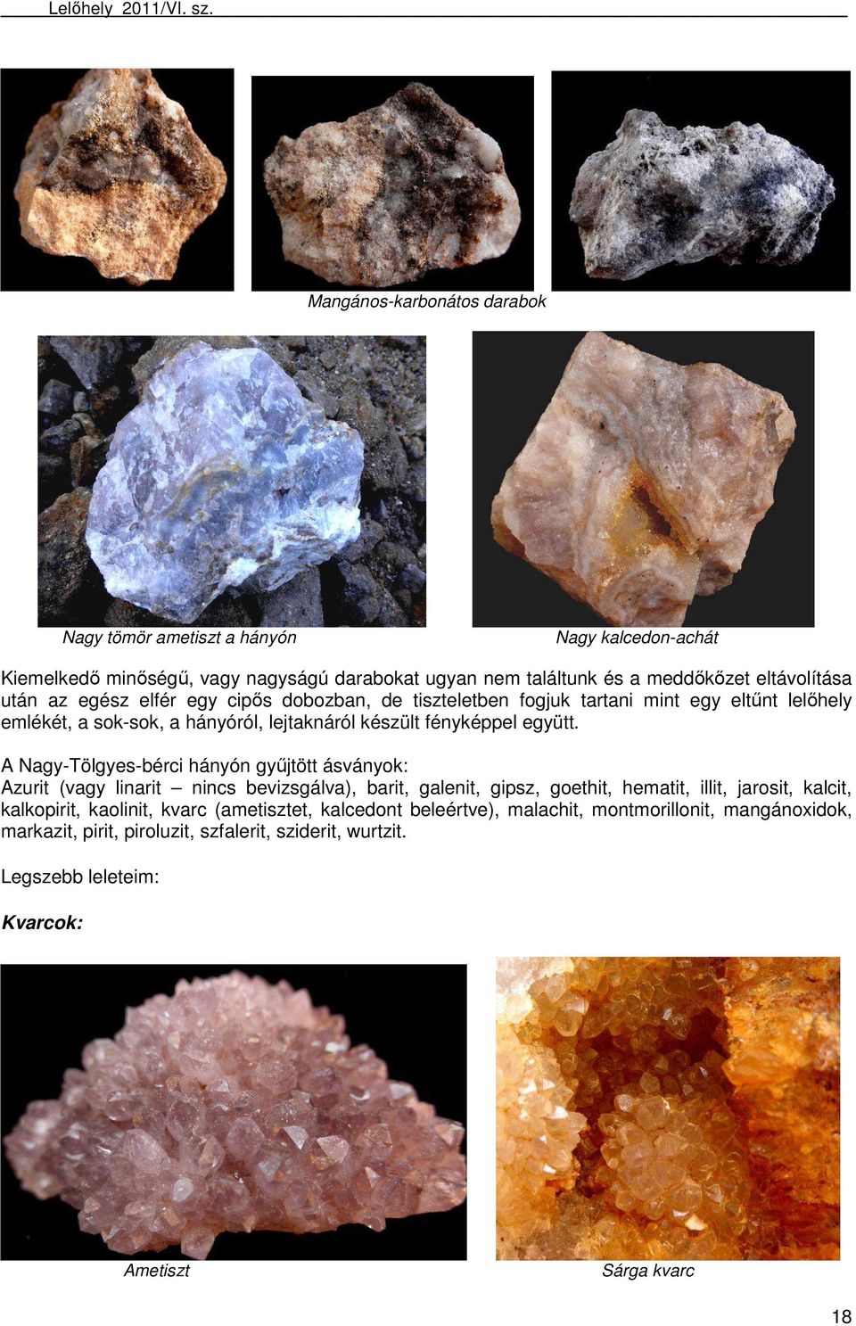 A Nagy-Tölgyes-bérci hányón győjtött ásványok: Azurit (vagy linarit nincs bevizsgálva), barit, galenit, gipsz, goethit, hematit, illit, jarosit, kalcit, kalkopirit, kaolinit,