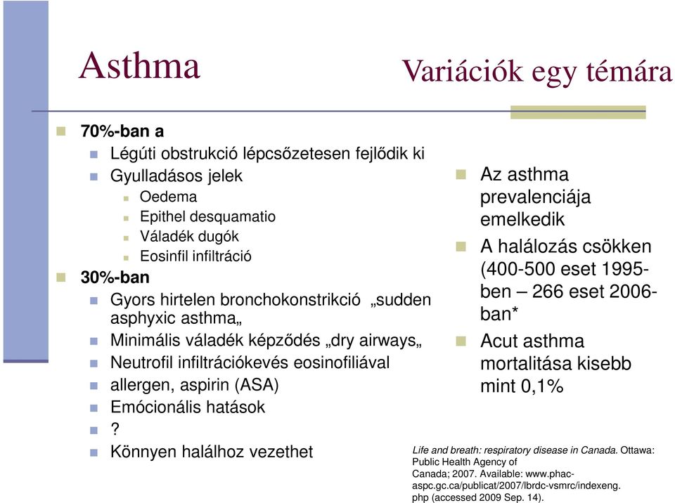 Könnyen halálhoz vezethet Az asthma prevalenciája emelkedik A halálozás csökken (400-500 eset 1995- ben 266 eset 2006- ban* Acut asthma mortalitása kisebb mint 0,1% Life and