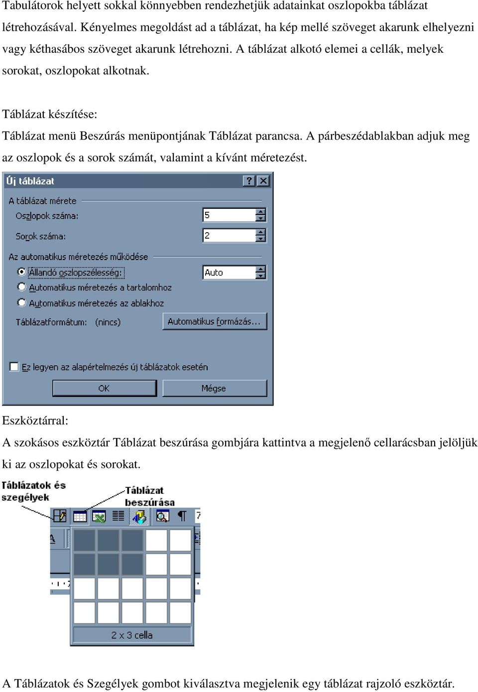 A táblázat alkotó elemei a cellák, melyek sorokat, oszlopokat alkotnak. Táblázat készítése: Táblázat menü Beszúrás menüpontjának Táblázat parancsa.