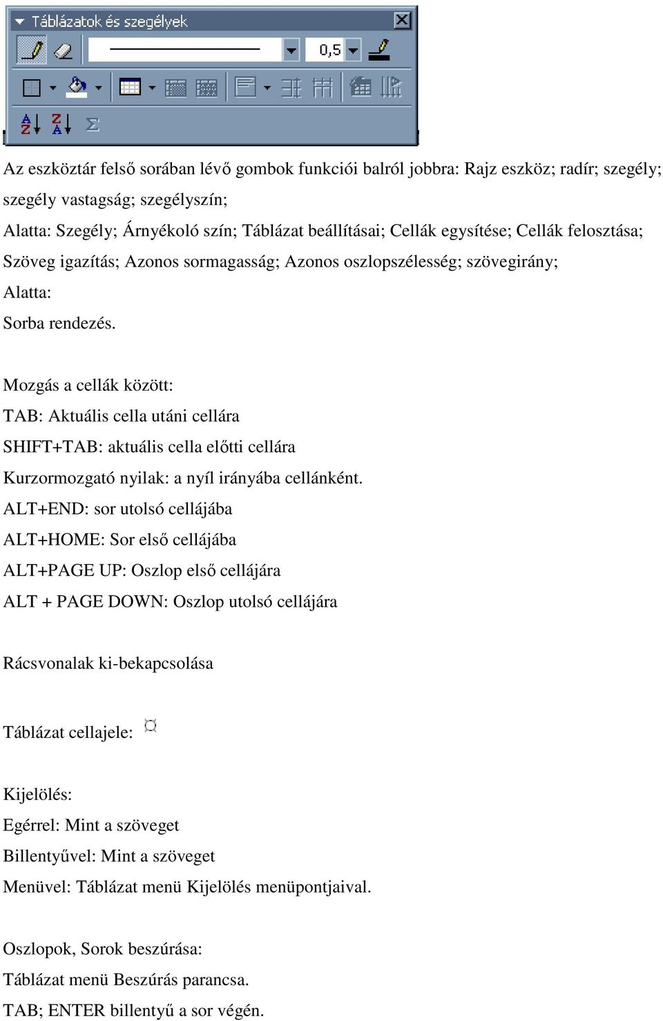 Mozgás a cellák között: TAB: Aktuális cella utáni cellára SHIFT+TAB: aktuális cella elıtti cellára Kurzormozgató nyilak: a nyíl irányába cellánként.