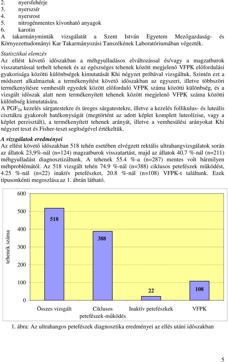 Statisztikai elemzés Az ellést követő időszakban a méhgyulladásos elváltozással és/vagy a magzatburok visszatartással terhelt tehenek és az egészséges tehenek között megjelenő VFPK előfordulási