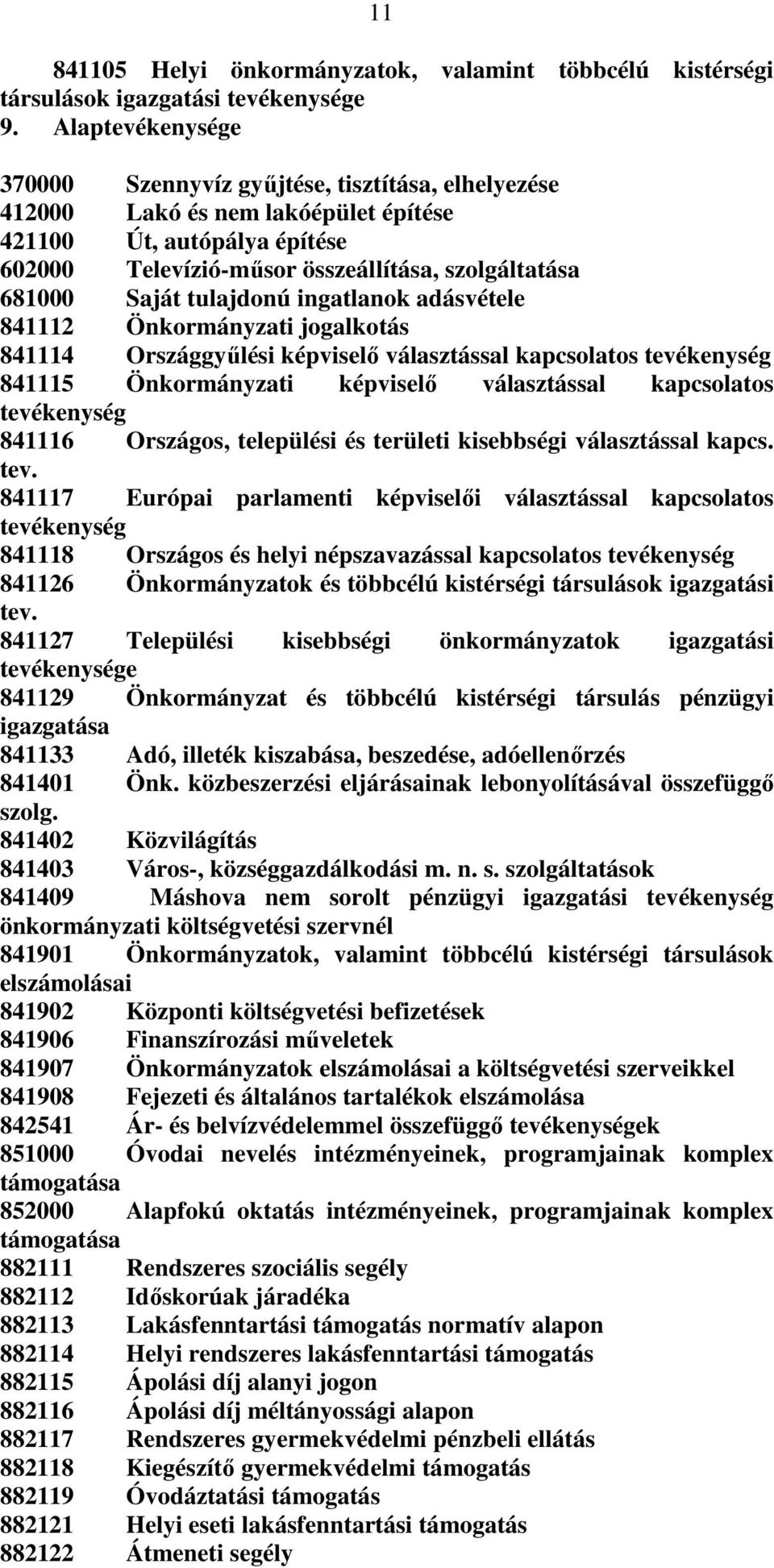 tulajdonú ingatlanok adásvétele 841112 Önkormányzati jogalkotás 841114 Országgyűlési képviselő választással kapcsolatos tevékenység 841115 Önkormányzati képviselő választással kapcsolatos tevékenység