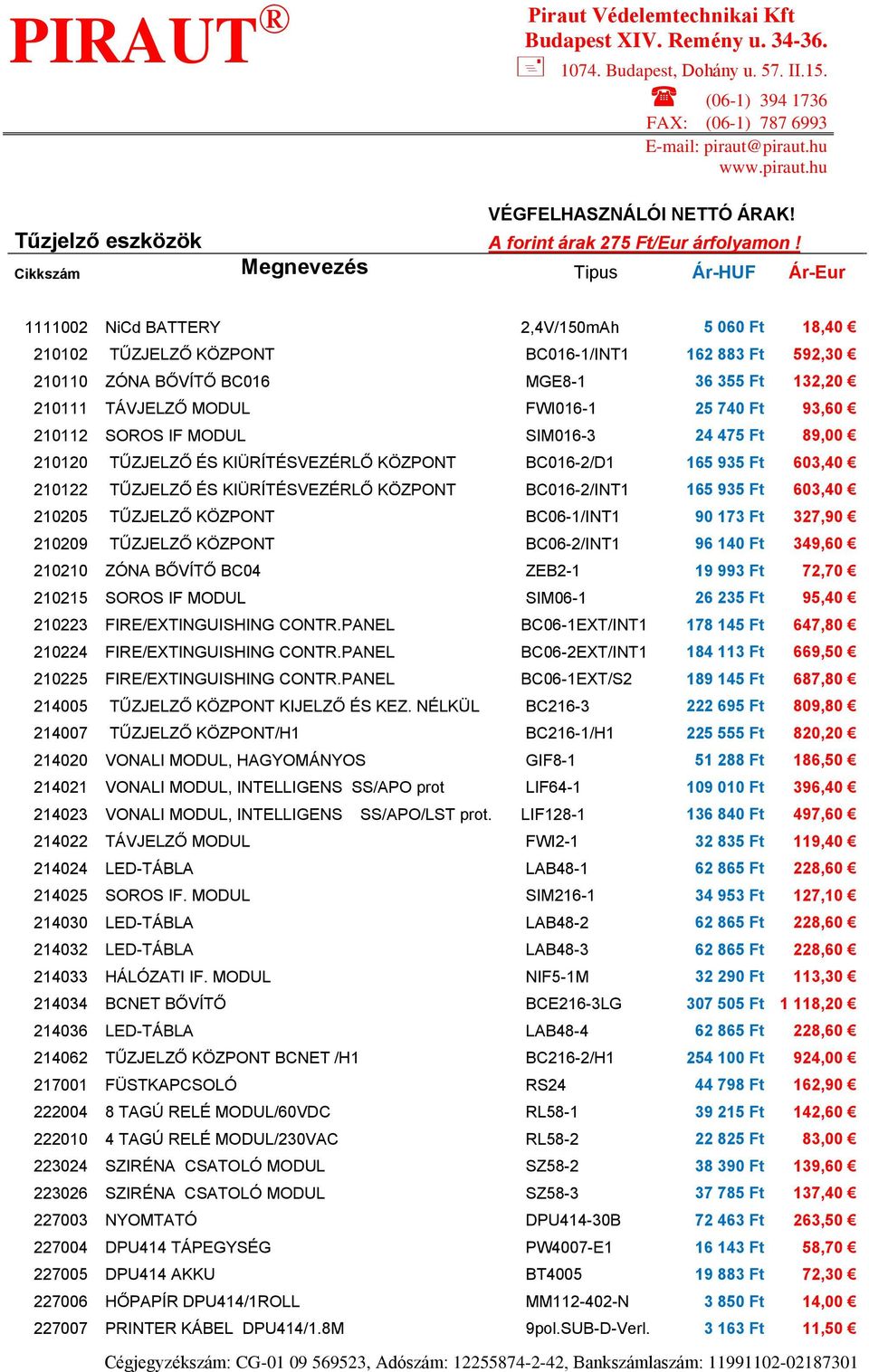 Cikkszám Megnevezés Tipus Ár-HUF Ár-Eur 1111002 NiCd BATTERY 2,4V/150mAh 5 060 Ft 18,40 210102 TŰZJELZŐ KÖZPONT BC016-1/INT1 162 883 Ft 592,30 210110 ZÓNA BŐVÍTŐ BC016 MGE8-1 36 355 Ft 132,20 210111