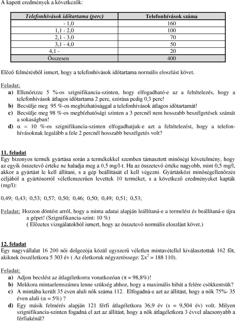 b) Becsülje meg 95 %-os megbízhatósággal a telefonhívások átlagos időtartamát! c) Becsülje meg 98 %-os megbízhatósági szinten a 3 percnél nem hosszabb beszélgetések számát a sokaságban!