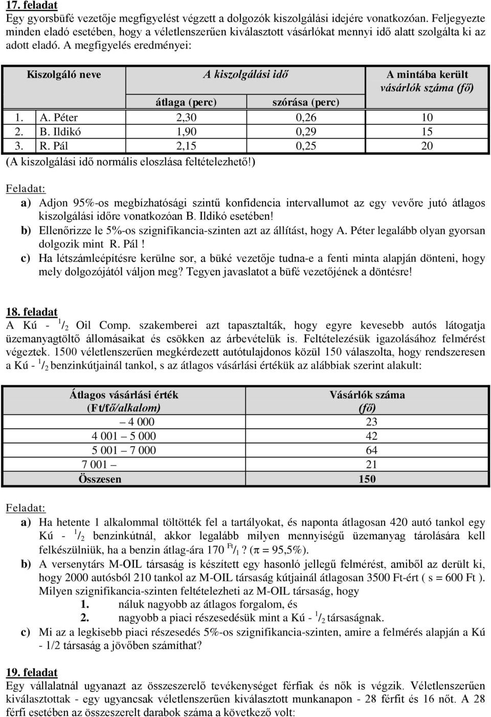 A megfigyelés eredményei: Kiszolgáló neve A kiszolgálási idő A mintába került vásárlók száma (fő) átlaga (perc) szórása (perc). A. Péter 2,3,26 2. B. Ildikó,9,29 5 3. R.