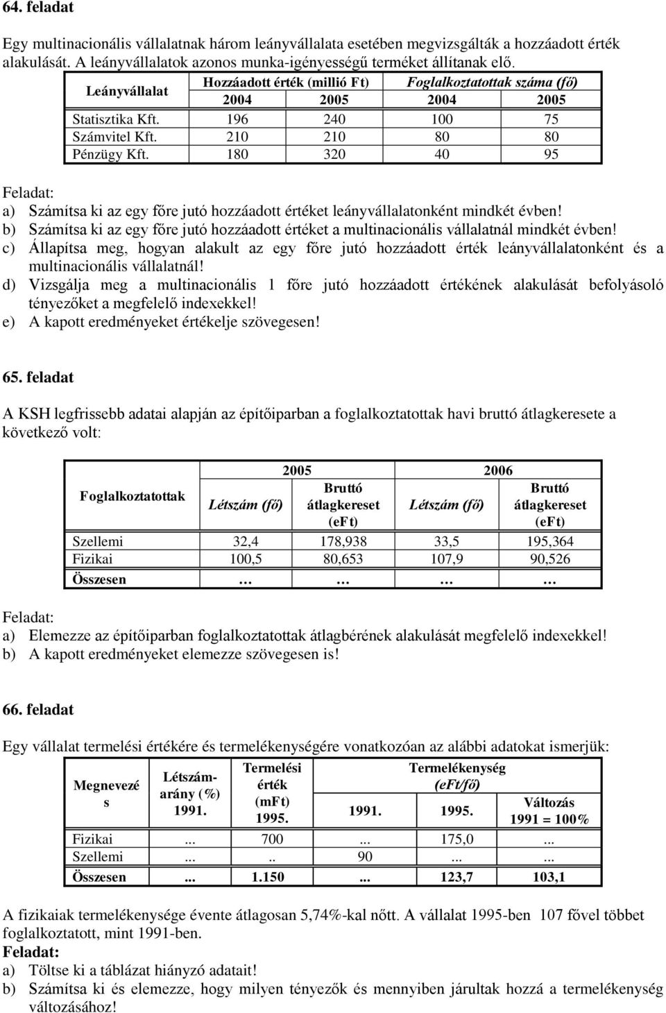 8 32 4 95 a) Számítsa ki az egy főre jutó hozzáadott értéket leányvállalatonként mindkét évben! b) Számítsa ki az egy főre jutó hozzáadott értéket a multinacionális vállalatnál mindkét évben!