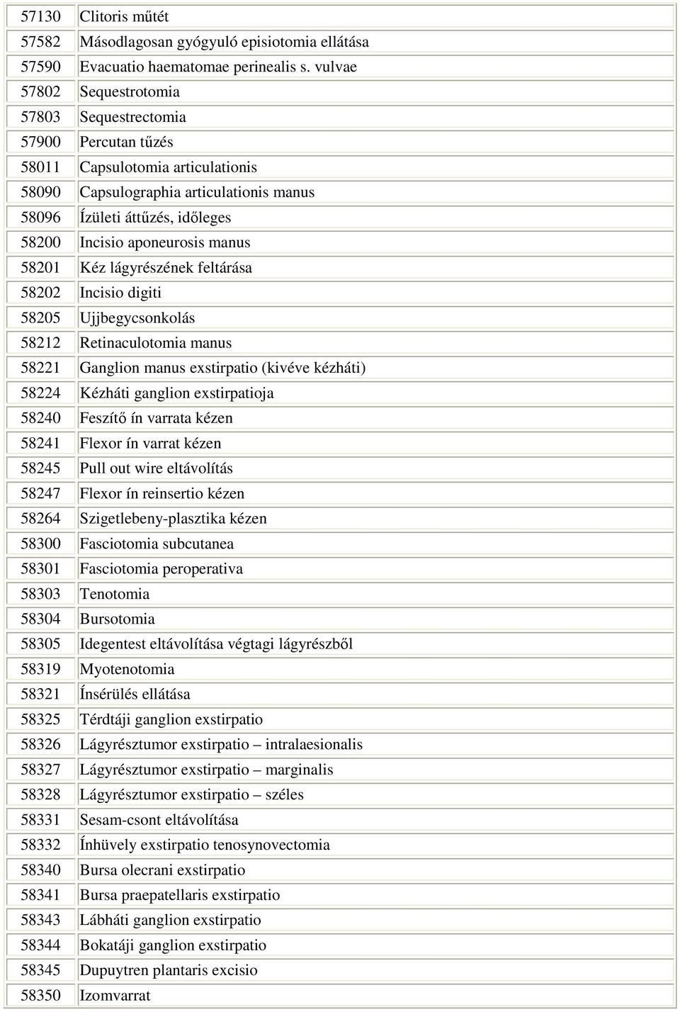 feltárása Incisio digiti Ujjbegycsonkolás Retinaculotomia manus Ganglion manus exstirpatio (kivéve kézháti) Kézháti ganglion exstirpatioja Feszítı ín varrata kézen Flexor ín varrat kézen Pull out