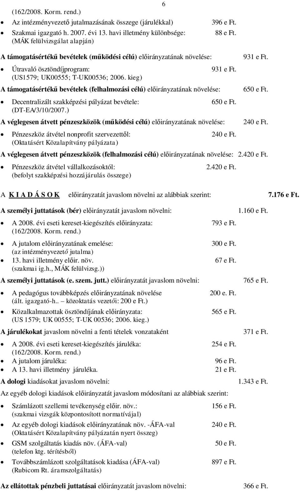 kieg) A támogatásértékű bevételek (felhalmozási célú) előirányzatának növelése: Decentralizált szakképzési pályázat bevétele: 650 e Ft. (DT-EA/3/10/2007.