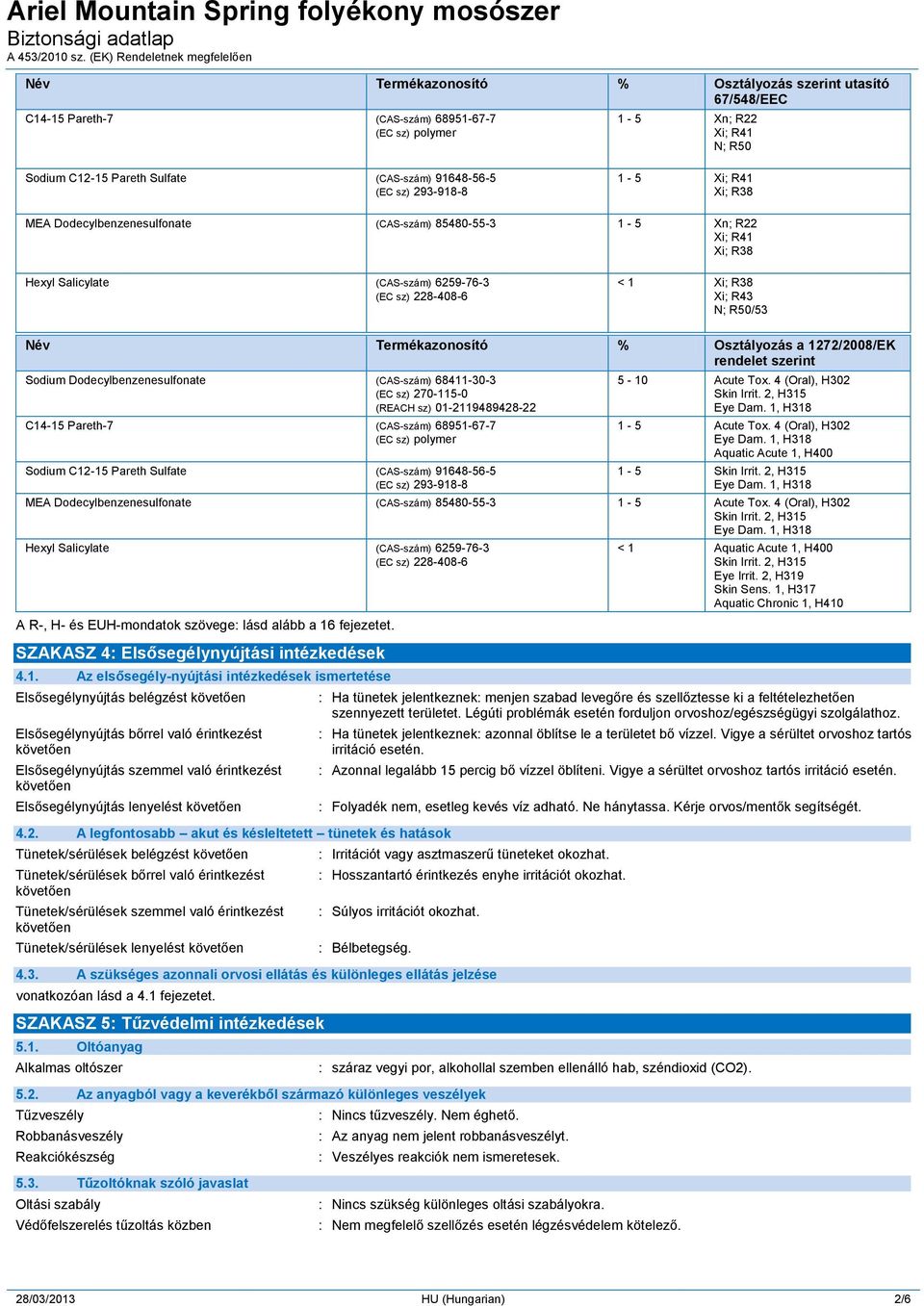 Osztályozás a 1272/2008/EK rendelet szerint Sodium Dodecylbenzenesulfonate (CAS-szám) 68411-30-3 (EC sz) 270-115-0 (REACH sz) 01-2119489428-22 C14-15 Pareth-7 (CAS-szám) 68951-67-7 (EC sz) polymer