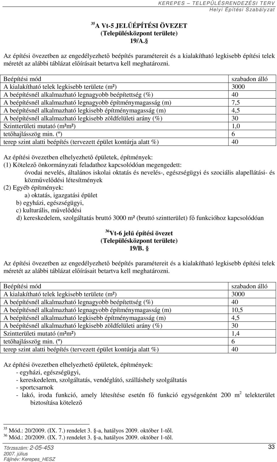 szabadon álló A kialakítható telek legkisebb területe (m²) 3000 A beépítésnél alkalmazható legnagyobb beépítettség (%) 40 A beépítésnél alkalmazható legnagyobb építménymagasság (m) 7,5 A beépítésnél