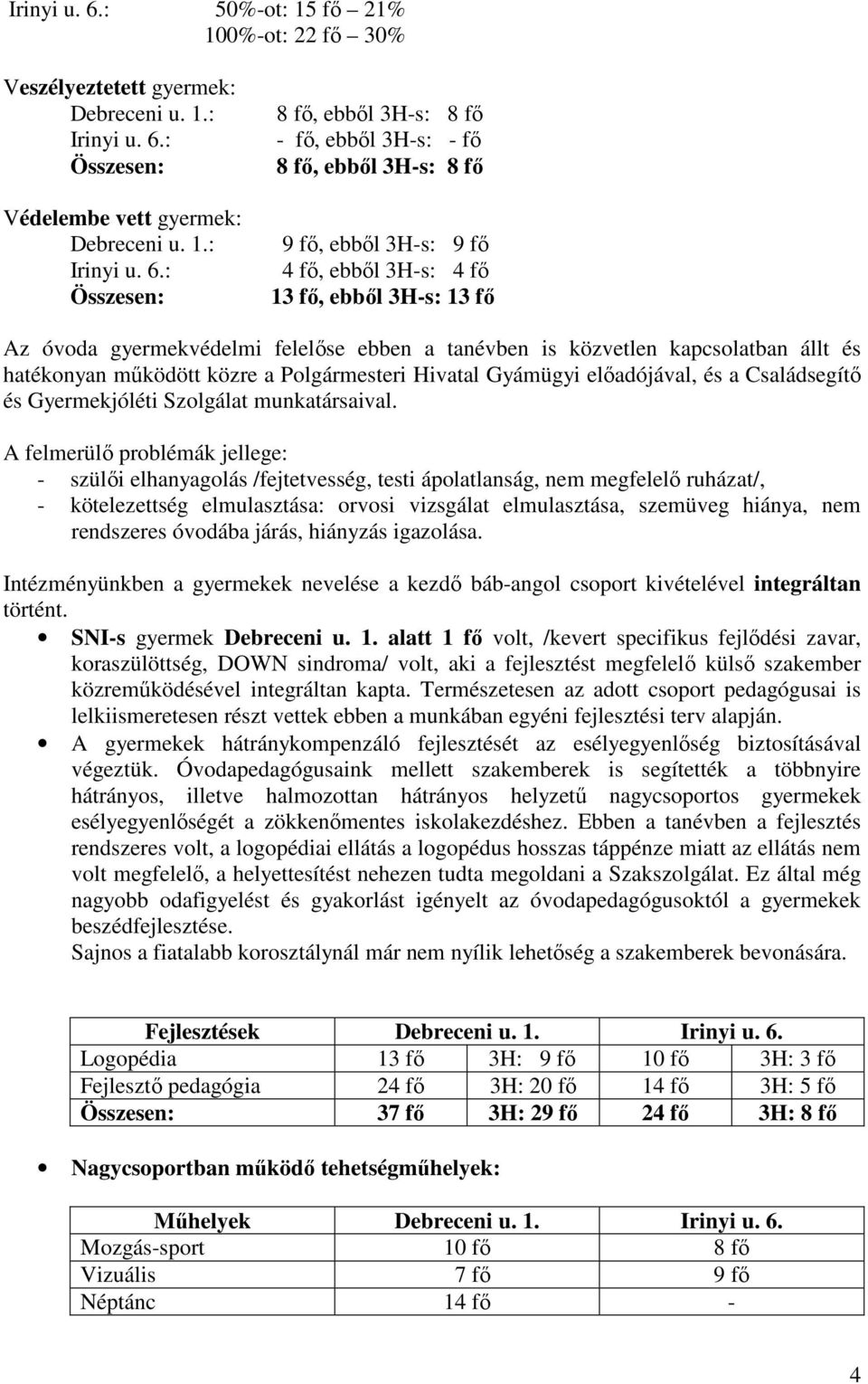 0%-ot: 22 fő 30% Veszélyeztetett gyermek: Debreceni u. 1.