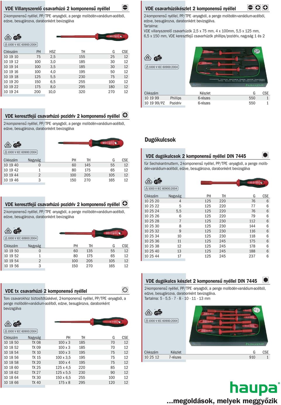 Tartalma: VDE villanyszerelő csavarhúzók 2,5 x 75 mm, 4 x 100mm, 5,5 x 125 mm, 6,5 x 150 mm, VDE keresztfejű csavarhúzók phillips/pozidriv, nagyság 1 és 2 10 19 99 Phillips 6-részes 550 1 10 19 99/PZ