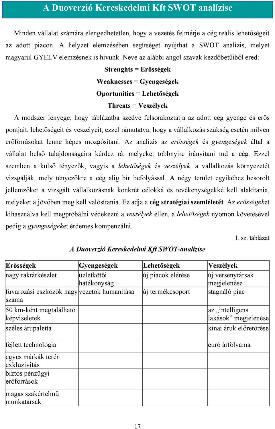 Neve az alábbi angol szavak kezdőbetűiből ered: Strenghts = Erősségek Weaknesses = Gyengeségek Oportunities = Lehetőségek Threats = Veszélyek A módszer lényege, hogy táblázatba szedve felsorakoztatja